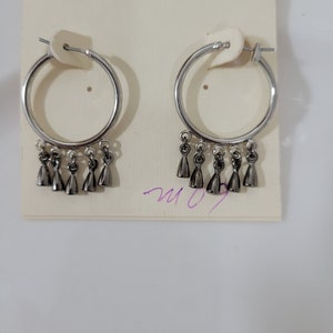 Miriam Haskell Earrings  Glass Dangle Hoops Earrings Pierced Post Silver Tone 1990s Design