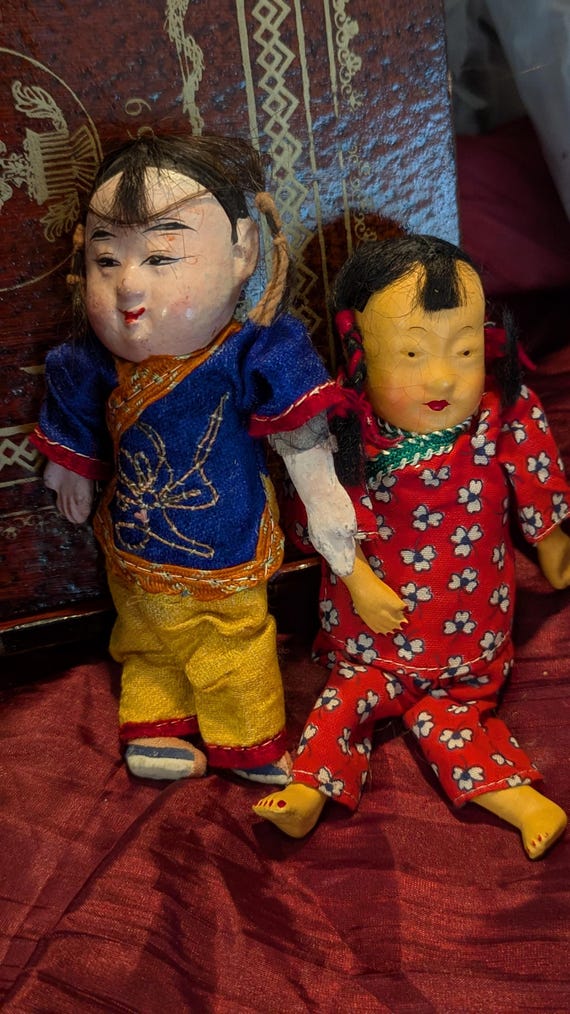 Antique Oriental Japan Dolls Porcelain Face and Shackman Cloth