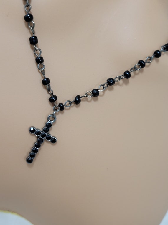 Miriam Haskell  Cross Necklace Jet Glass and Earr… - image 3