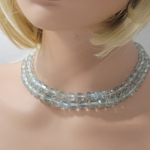 ANTIQUE Double Strand Blue Sky Sexagon Glass Beads Choker Necklace Tier 16&quot; and 18&quot;