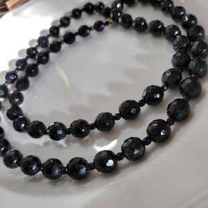 ART DECO Jet Glass Necklace Fancy Cut Multi Facet beads 28&quot; long and 10mm beads
