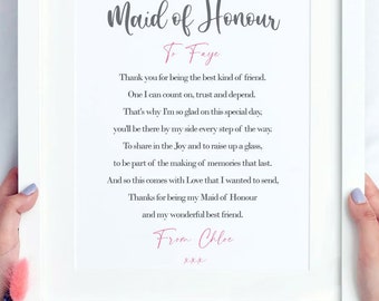 Maid of Honour Gift  | Personalised Wedding Thank You Print | Size A4  | Ideal for framing | Instant download