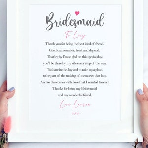 Bridesmaid Gift | Personalised Wedding Thank You Print | Size A4  | Ideal for framing | Instant download