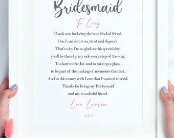 Bridesmaid Gift | Personalised Wedding Thank You Print | Size A4  | Ideal for framing | Instant download