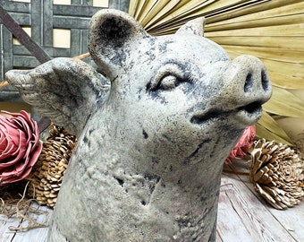When Pigs Fly Statue, Pig with angel wings statue, Aged Stone Finish, Concrete Statue, Garden Statue, House plant statue