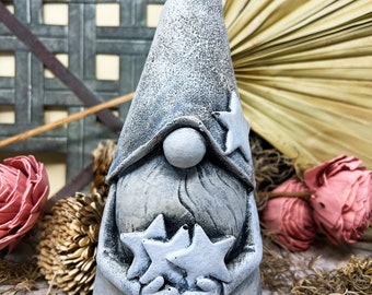 Cast Stone, Concrete Large Garden Gnome, Large Garden Gnome with Stars, 10 Inches Tall, Nicely Sized for the Garden