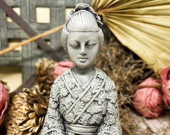 Cast Stone, Concrete Geisha Statue, Oriental Lady Statue, Asian Lady Statue, Japanese Garden,  6.5" tall, 4.5" wide