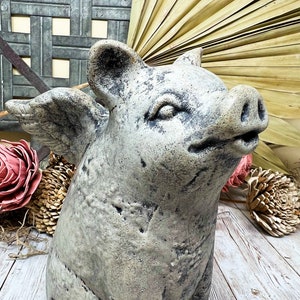 When Pigs Fly Statue, Pig with angel wings statue, Aged Stone Finish, Concrete Statue, Garden Statue, House plant statue