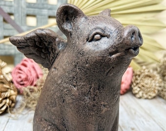 When Pigs Fly Statue, Pig with angel wings statue, Rustic Brown Finish, Concrete Statue, Garden Statue, House plant statue