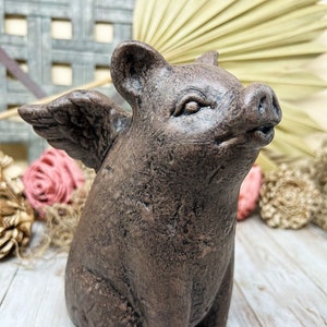 When Pigs Fly Statue, Pig with angel wings statue, Rustic Brown Finish, Concrete Statue, Garden Statue, House plant statue