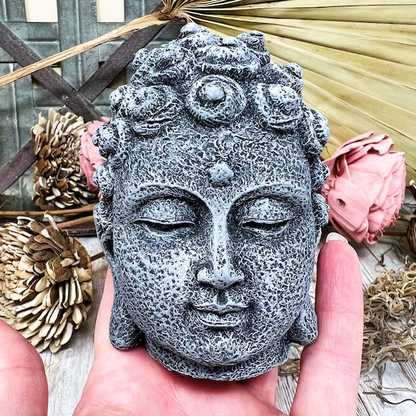 Cast Stone, Concrete Buddha Head Statue, Desktop, Tabletop Buddha, Japanese Garden, Asian Garden, Oriental, 4 inches tall, 3 inches wide