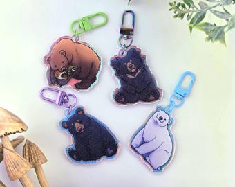 2" Acrylic Bear Keychain with Glitter Epoxy - Polar , Black, Sloth, and Brown Bear