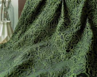 Green black roses jacquard designer brocade embossed fabric by meter