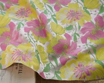 Spring pink and yellow floral jacquard designer brocade embossed fabric by meter