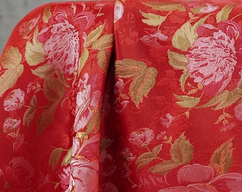 Tela brocada jacquard de diseño con estampado floral de peonías rojas, por metro, para tapicería, cortinas y sofás.