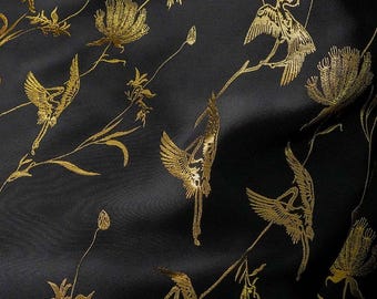 Vintage black golden birds floral embossed jacquard designer brocade  fabric by meter