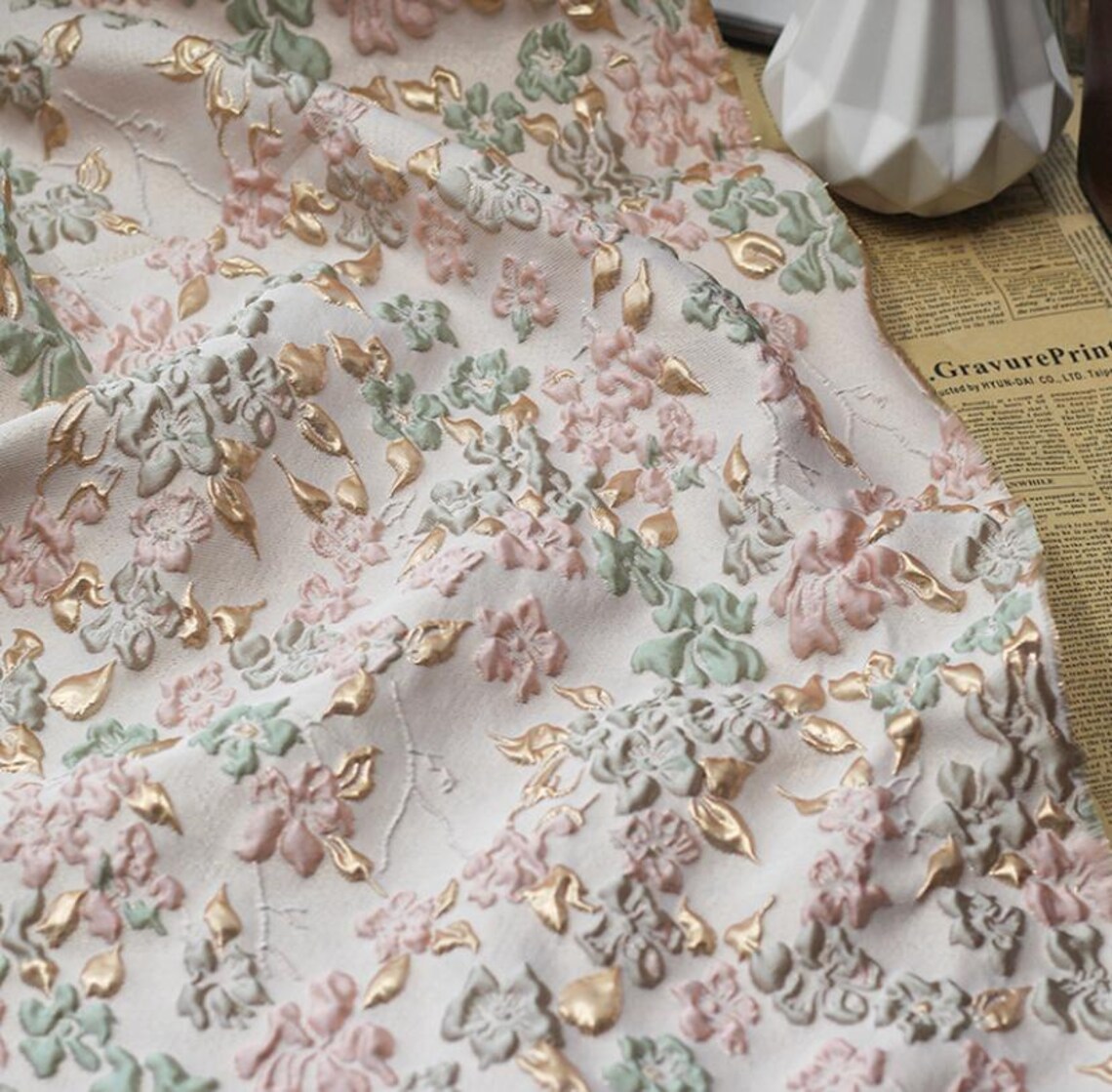 Blue Floral Gold Thread Jacquard Designer Brocade Embossed Fabric by ...