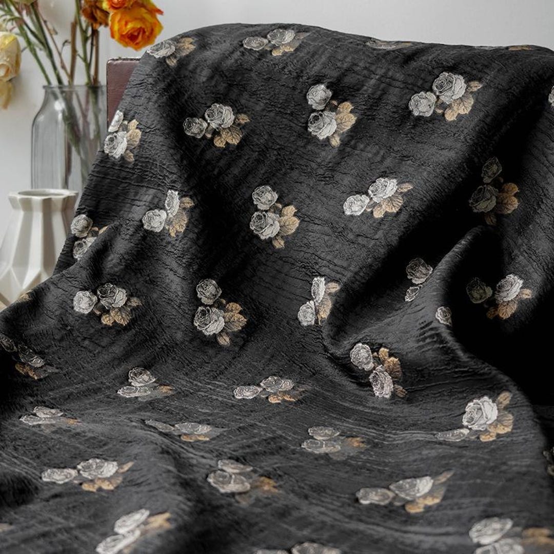 Black Rose Floral Golden Thread Embossed Jacquard Designer Brocade ...