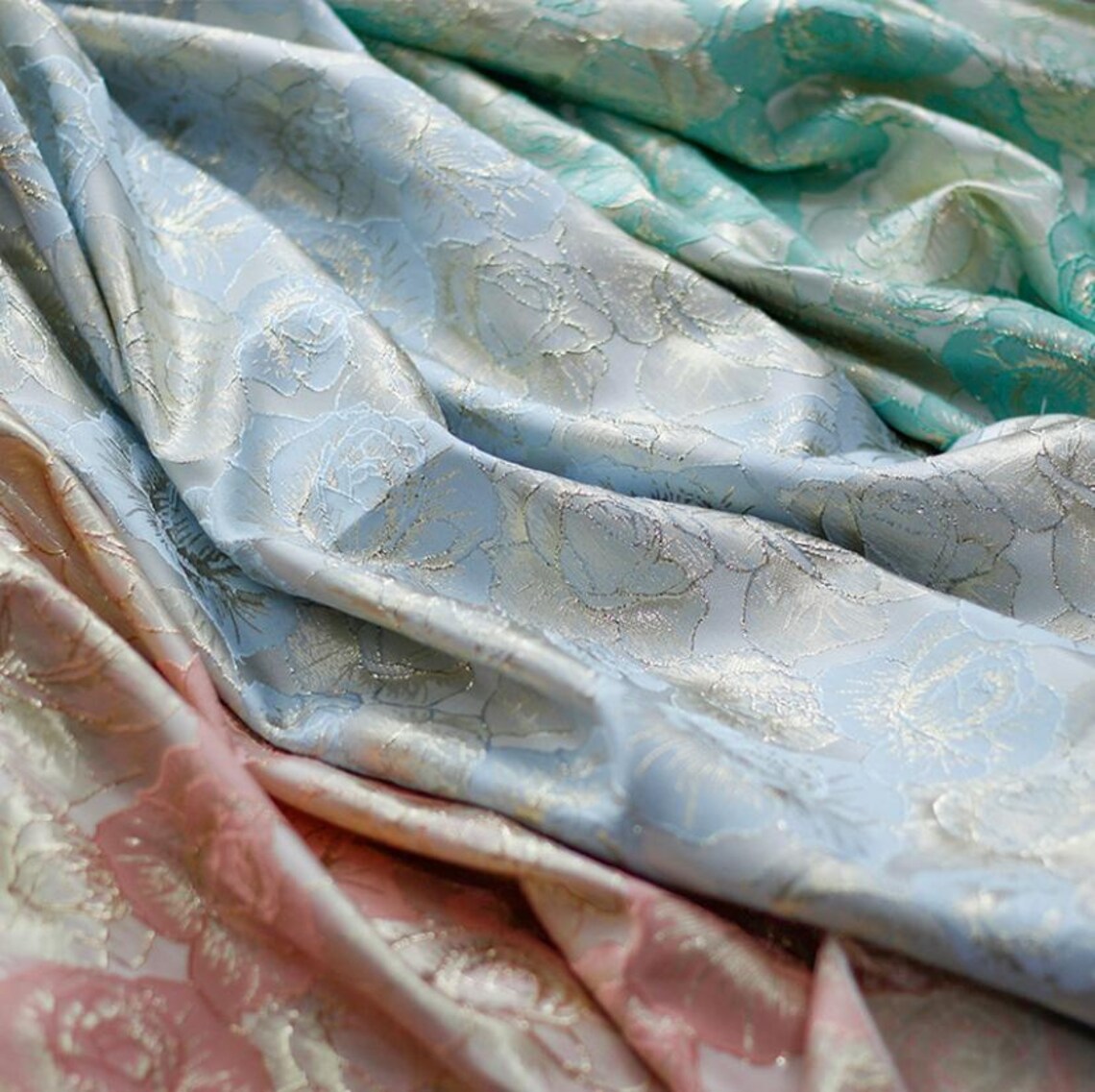 Silver White Rose Gold Thread Jacquard Designer Brocade Embossed Fabric ...