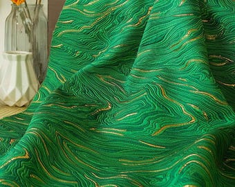 Green mountain range embossed jacquard designer brocade  fabric by meter