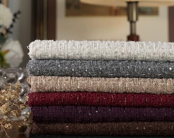 Luxury burgundy, white , grey wool tweed , inspired woven material for winter jacket making, coat making, dress making sold by half meter