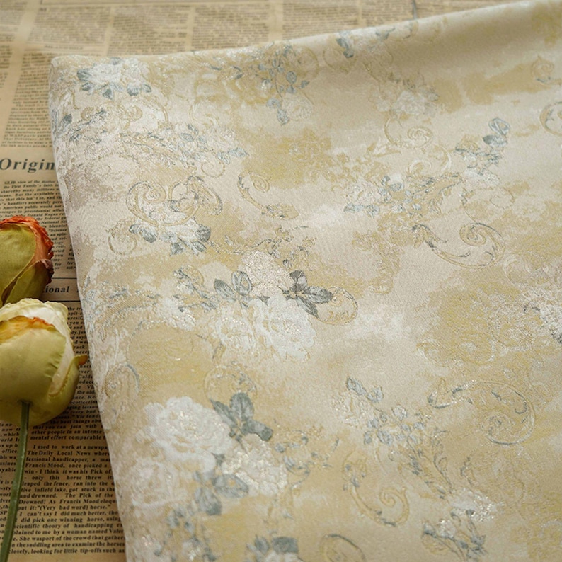 Light Yellow Roses Floral Embossed Jacquard Designer Brocade Fabric by ...