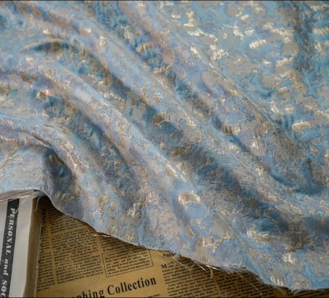 Blue Floral Gold Thread Jacquard Designer Brocade Embossed Fabric by ...