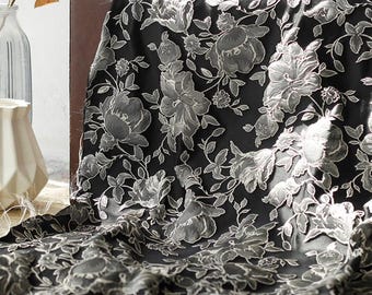 Black silver floral jacquard designer brocade embossed fabric by meter