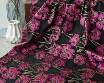 Vintage black pink embossed jacquard designer brocade  fabric by meter