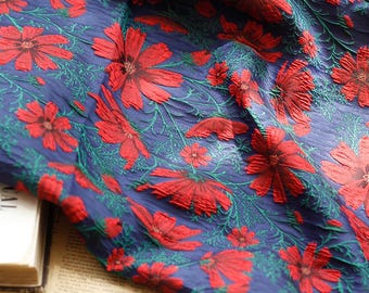 Blue red Cosmos ,galsang embossed jacquard designer brocade  fabric by meter