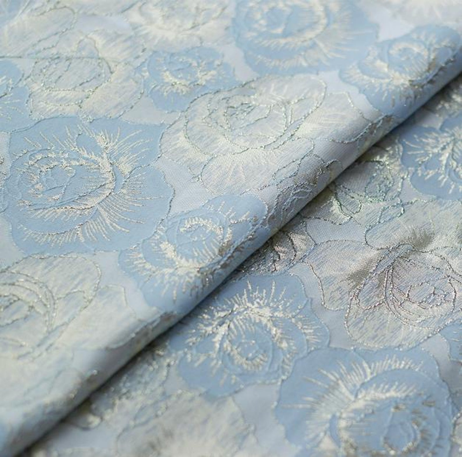 Silver White Rose Gold Thread Jacquard Designer Brocade Embossed Fabric ...