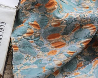 Vintage blue and orange jacquard designer brocade embossed fabric by meter