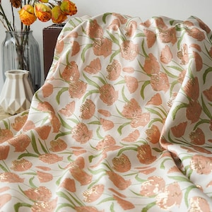 Orange Tulpen Blumen golden Faden Jacquard Designer Stoff mit Prägung Meterware
