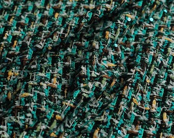 Luxury green sequin ribbon tweed, inspired material for winter jacket making, coat making, dress making sold by half meter
