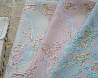 Pink light blue embossed jacquard designer brocade  fabric by meter