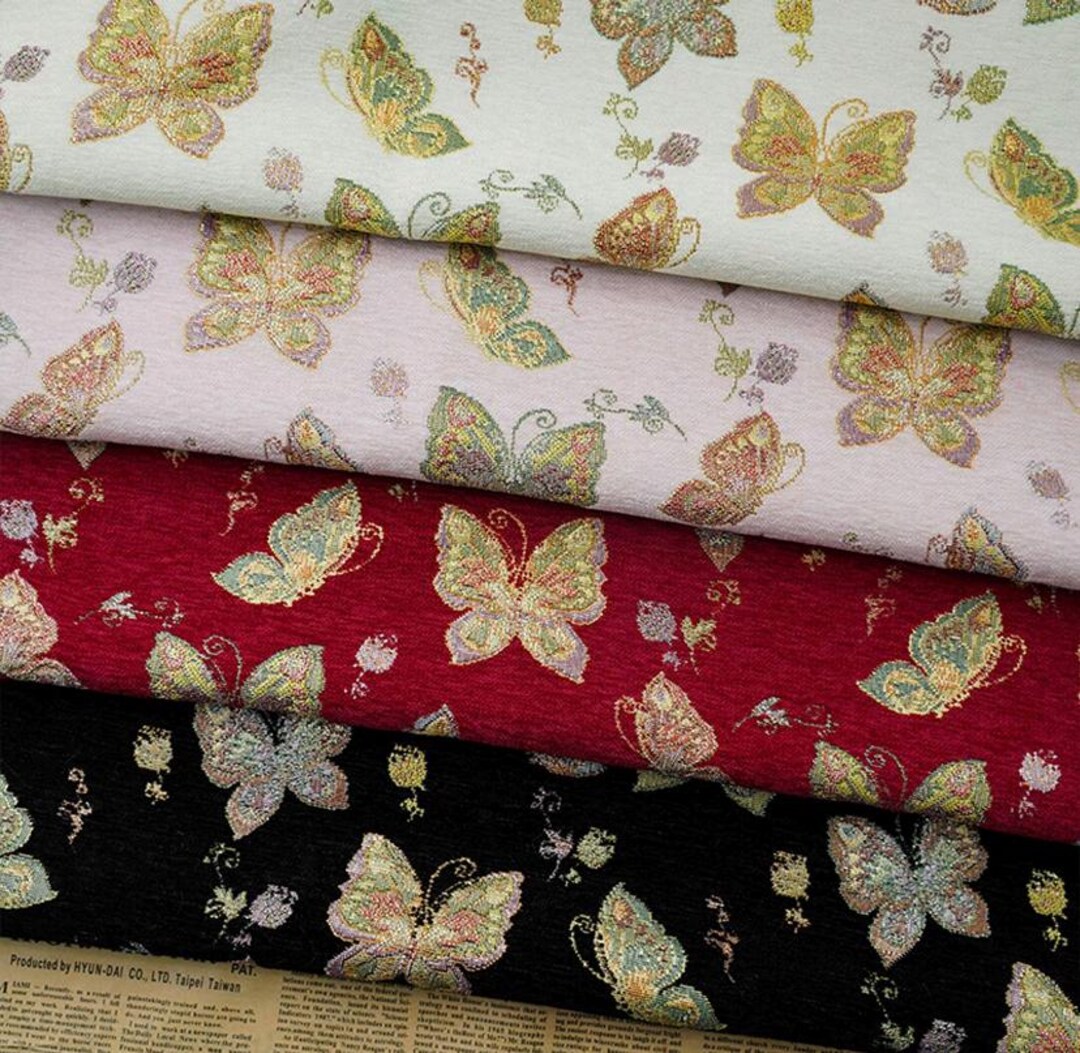 Lot Tissu Soie Brocart Jacquard Italien Premium Avec Papillons Sarcelle - 50x86 Cm - Neuf