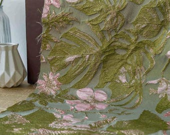 Garden green floral gold thread jacquard designer brocade embossed fabric by meter