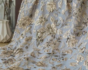 Grey blue floral jacquard designer brocade embossed fabric by meter
