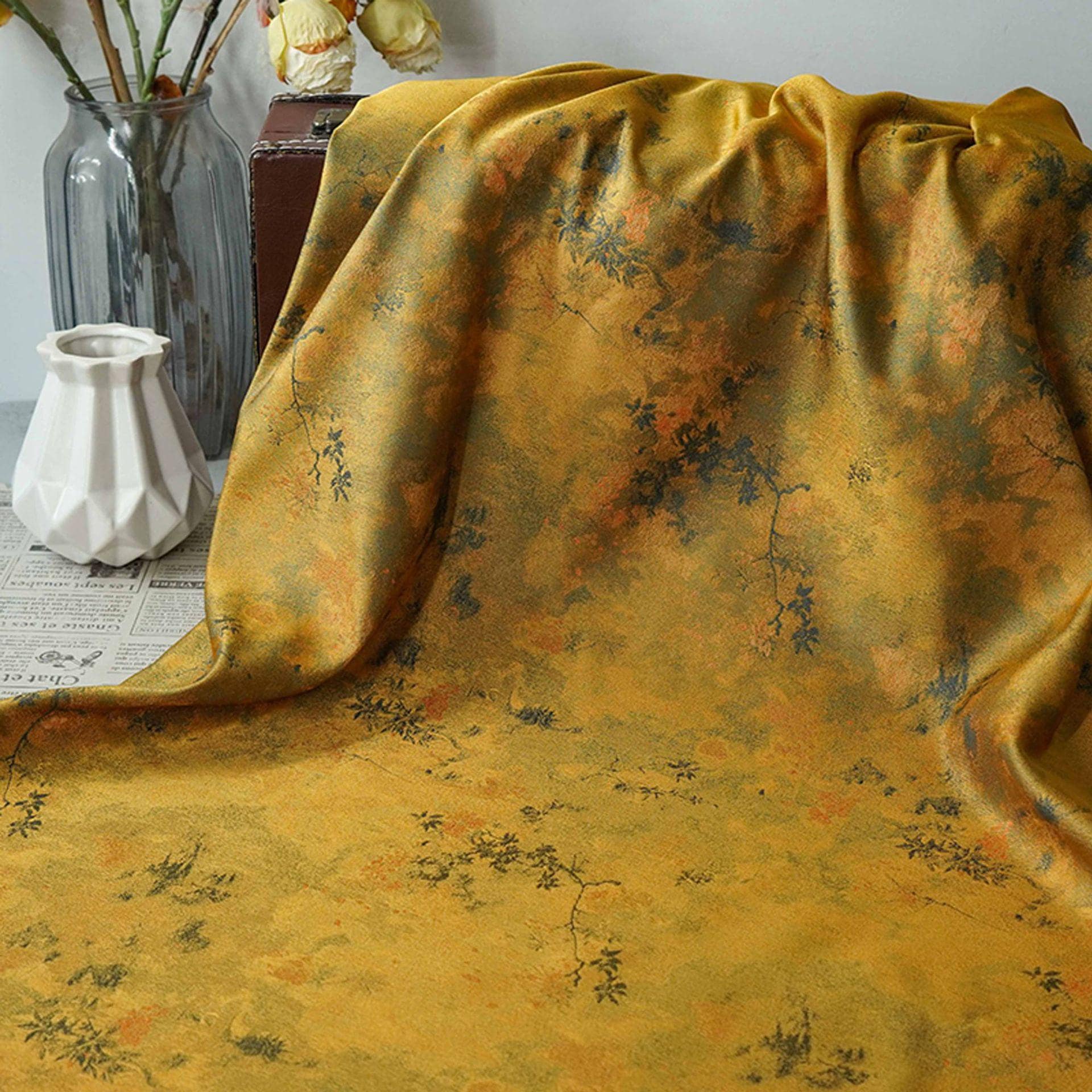 Mustard Yellow Leave Style Embossed Jacquard Designer Brocade