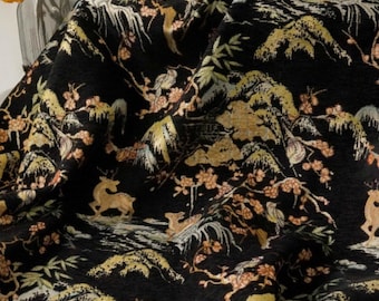 Tela brocada de diseño jacquard con estampado floral de ciervo dorado negro por metro