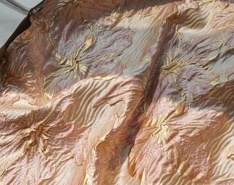 Golden peach floral jacquard designer brocade embossed fabric by meter