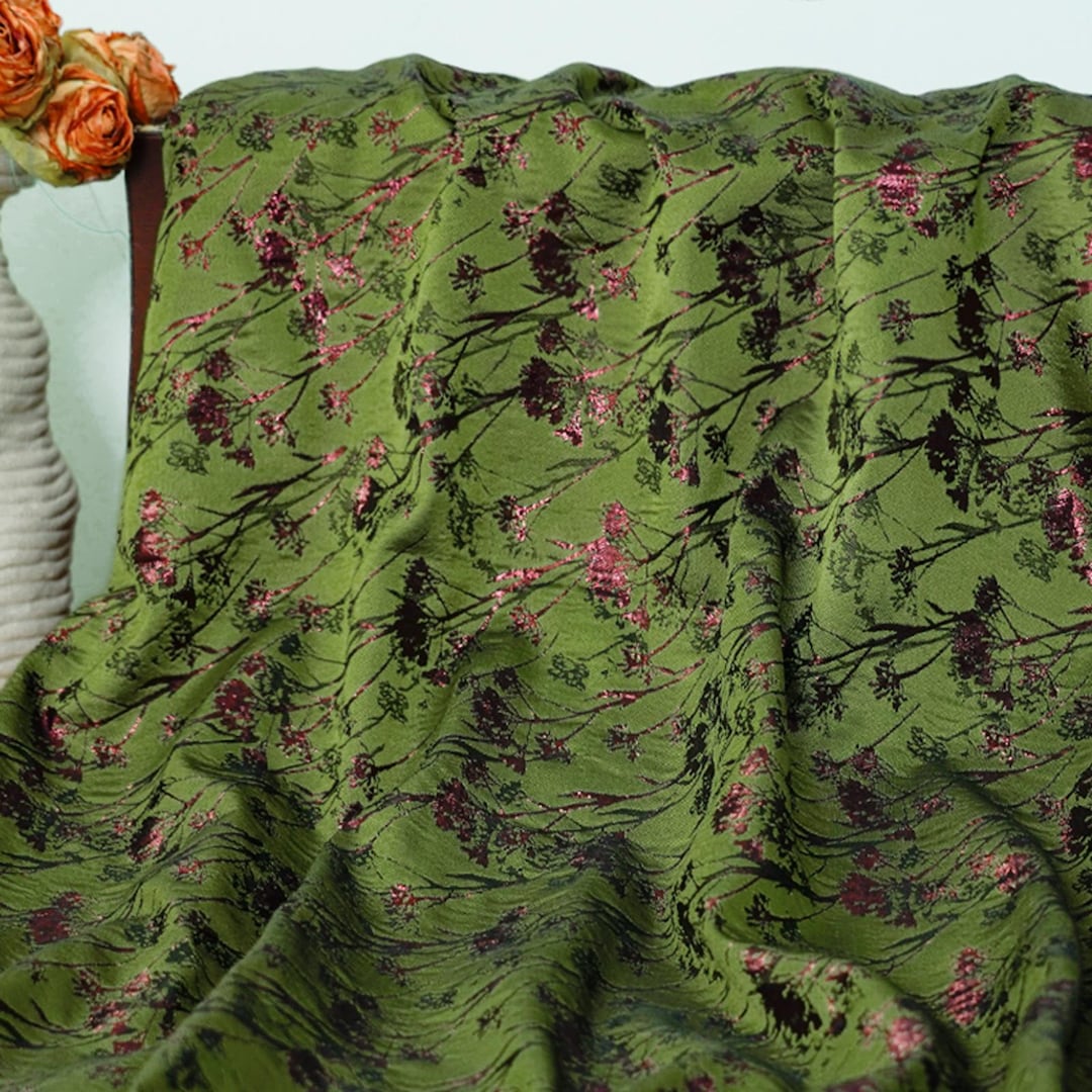 Green Floral Golden Thread Embossed Jacquard Designer Brocade Fabric by ...