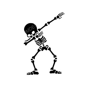 May include: A black skeleton figure in a dabbing pose. The skeleton is stylized with a cartoon-like appearance.