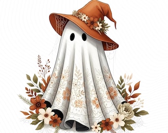 Herfst bloemenspook png PNGEgg | Schattige Halloween-spookafbeeldingen | Sublimatie herfstheks spook | Boho-spook met bloemen | 300 dpi transparant png-bestand