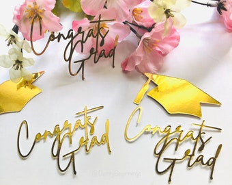 Mirror Foil Congrats Grad Cupcake Charm | Graduation Cupcake Topper | Glitter Grad Cap | SET OF 6