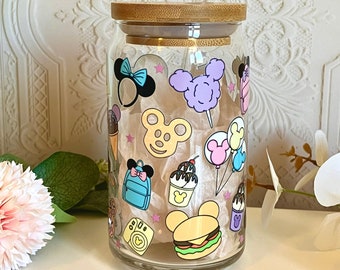 Magical Theme Park Snacks Glass Cup: Iced Coffee, Bamboo Lid