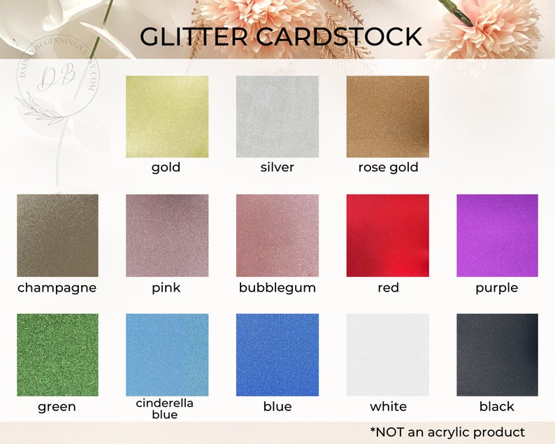 Puede incluir: Una tabla que muestra 12 colores diferentes de cartulina con purpurina. Los colores son dorado, plateado, oro rosa, champ&aacute;n, rosa, chicle, rojo, morado, verde, azul cenicienta, azul, blanco y negro. El texto "GLITTER CARDSTOCK" est&aacute; en la parte superior de la tabla. El texto "*NOT an acrylic product" est&aacute; en la parte inferior de la tabla.