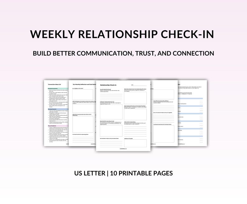 May include: A stack of printable US Letter pages for a weekly relationship check-in. The pages are white with black text and light blue accents. The text reads "Weekly Relationship Check-In" and "Build Better Communication, Trust, and Connection."