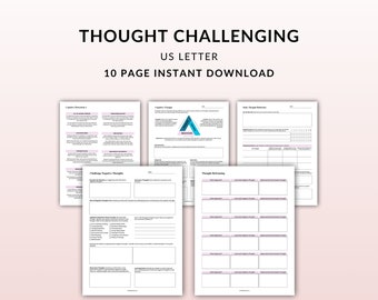 Thought Challenging, CBT Worksheet, Therapy Tools, Cognitive Distortions, Therapy Worksheets, Negative Thoughts, Self Help Printable