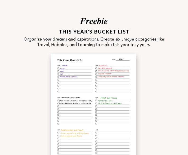 K&ouml;nnte beinhalten: Eine druckbare Bucket List f&uuml;r das Jahr 2025 mit Kategorien f&uuml;r Reisen, Finanzen, Karriere und Bildung, Gesundheit und Fitness, Beziehungen und Familie sowie Pers&ouml;nliches. Die Liste enth&auml;lt Kontrollk&auml;stchen f&uuml;r jeden Punkt.